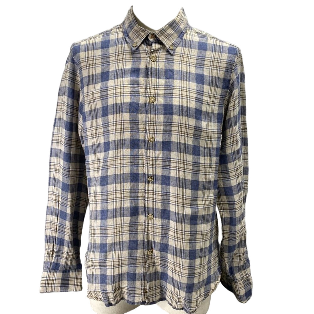 NEW BORGO28 Men’s Pure Linen Button-Down Sport Shirt – Blue Check